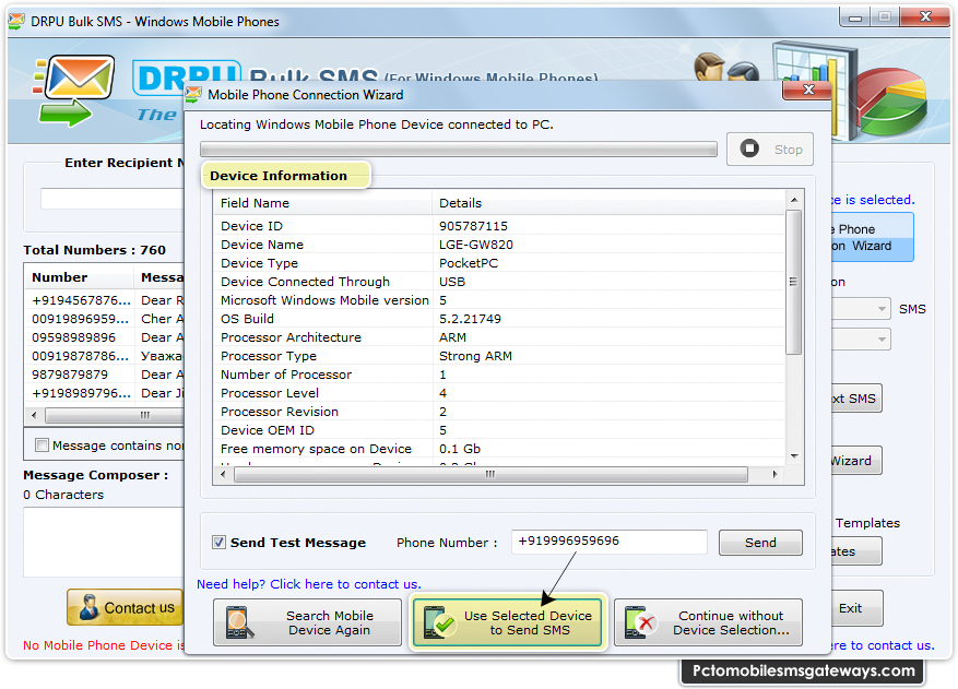 PC to Mobile Bulk SMS Software for Windows based Phone