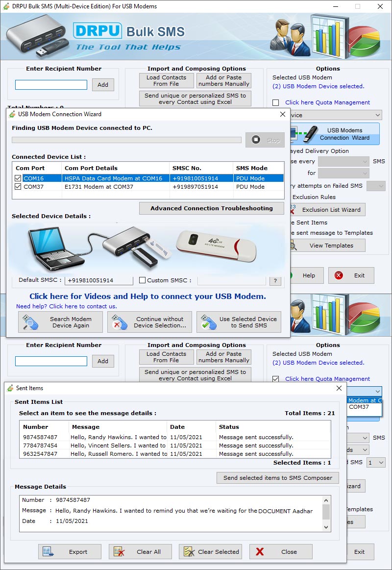Screenshot of SMS Modems